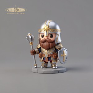 May include: A stylized figurine of a warrior with a brown beard, wearing silver armor with gold filigree, a helmet with a sun emblem, and holding a silver mace and a shield with a gold cross. The text VOIDISION SEE WHAT ISN'T THERE is visible.