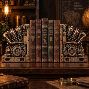 May include: A pair of metallic bookends featuring intricate engine components, gears, and pipes, flanking five vintage-style books. The spines are labeled Jules Verne, H.G. Wells, The Complete Works of Edgar Allan Poe, Arthur Conan Doyle, and Isaac Asimov.