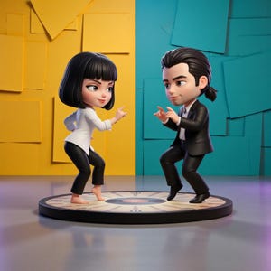 Può includere: Due figurine stilizzate di un uomo e una donna che ballano su una base a forma di quadrante. La donna indossa una camicia bianca e pantaloni neri, mentre l'uomo è in un abito nero. Lo sfondo è diviso tra giallo e turchese.