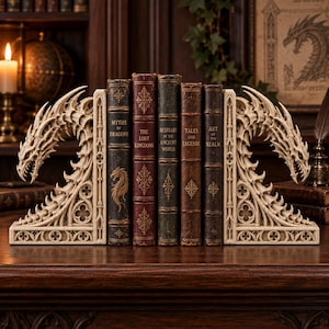 May include: A pair of off-white, stone-textured bookends featuring intricate dragon head carvings and gothic architectural details. The bookends flank five vintage-style books with titles including Myths of Dragons, The Lost Kingdoms, and Art of the Realm.