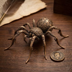 May include: A bronze-toned metal spider figurine featuring intricate floral and scrollwork engravings on its abdomen and cephalothorax. The spider has eight curved legs and is positioned next to a small circular coin with a profile portrait.