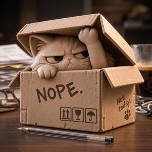 May include: A tan-colored cat figurine with a grumpy expression peeking out of a cardboard box. The box features the text NOPE. and Not today. along with icons for fragile, this side up, and umbrella. One paw is raised to hold the box lid open.
