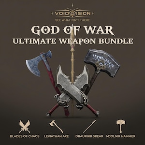 May include: A God of War Ultimate Weapon Bundle graphic featuring the Leviathan Axe, Draupnir Spear, Mjolnir Hammer, and Blades of Chaos. The text reads Voidision, See What Isn't There, God of War Ultimate Weapon Bundle, and lists the weapon names.