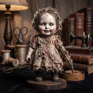 May include: A doll with pale skin, white eyes, and stitched mouth detail, wearing a tattered, dusty rose dress with lace trim and a matching bonnet. The doll has a sharp, claw-like left hand and stands on a wooden base next to a measuring tape.