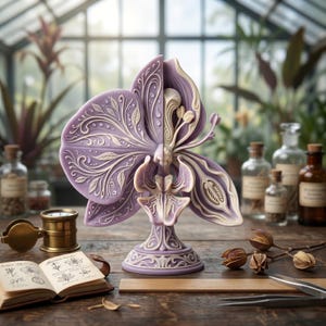 May include: A lavender and cream-colored sculptural orchid model featuring intricate botanical carvings on its petals. The piece is mounted on a decorative pedestal base and displays detailed floral anatomy, including a central column and labellum.