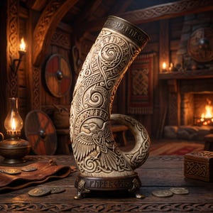 May include: A curved drinking horn featuring intricate relief carvings of a raven and Norse runes. The off-white horn rests on a dark, ornate metal stand with a circular base. The surface is decorated with detailed knotwork and runic inscriptions.