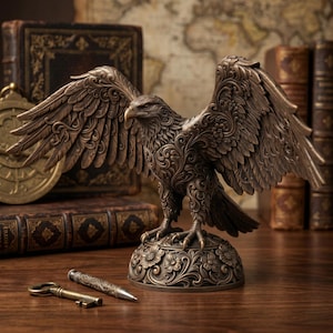 May include: Bronze eagle statue with outstretched wings, detailed with floral patterns. The sculpture sits on a floral base, with a key and pen nearby. The background includes antique books and a map, suggesting a vintage theme.