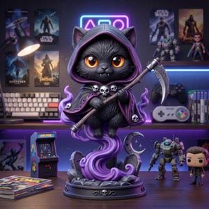May include: A black cat figurine wearing a purple-lined hooded cloak with skull accents, holding a scythe. The cat floats above a base featuring purple smoke, gravestones, and a crescent moon. The figure has large orange eyes and small fangs.