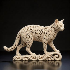 Könnte beinhalten: Elfenbeinfarbene Katzenfigur mit aufwendigem durchbrochenem Design. Die Skulptur zeigt eine laufende Katze auf einem dekorativen Sockel mit Wirbelmustern. Der Katzenkörper ist mit Wirbel- und Blumenmotiven detailliert, was eine einzigartige Ästhetik schafft.