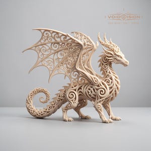 May include: A detailed, cream-colored dragon sculpture with intricate, swirling patterns. The dragon has large, ornate wings and is posed in a standing position. The text "VOID OISION" and "SEE WHAT ISN'T THERE" is visible in the background.