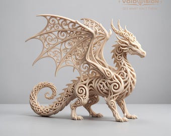 May include: A detailed, cream-colored dragon sculpture with intricate, swirling patterns. The dragon has large, ornate wings and is posed in a standing position. The text "VOID OISION" and "SEE WHAT ISN'T THERE" is visible in the background.