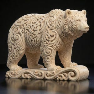 May include: Ivory-colored bear sculpture with intricate Celtic knotwork carvings. The bear stands on a decorative base with swirling patterns. The sculpture has detailed fur and facial features, showcasing a blend of artistry and nature.