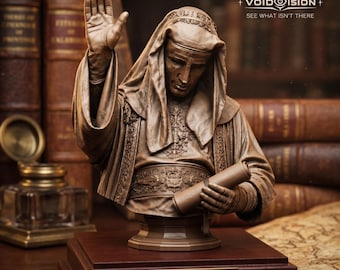 May include: A bronze-toned bust of a robed figure with a head covering, one hand raised in a gesture and the other holding a scroll. The figure sits on a square wooden base with a blank brass plaque. Text at the top reads VOID VISION SEE WHAT ISN'T THERE.