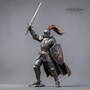 May include: A detailed statue of a knight in full armor, holding a sword aloft. The knight's helmet features a red and gold plume. A shield with a lion crest is held in the other hand. The text "VOID VISION" and "SEE WHAT ISN'T THERE" is visible.