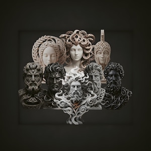 Puede incluir: Una colección de bustos detallados de figuras clásicas, incluyendo una mujer con cabello adornado, un hombre con una corona de laurel y varios hombres barbados. Los bustos están en tonos de blanco, gris y negro, sobre un fondo oscuro.