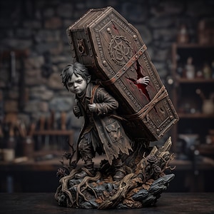 Puede incluir: Una figura detallada de un personaje joven con rasgos élficos que viste un abrigo andrajoso y carga un ataúd de madera grande y ornamentado. El ataúd presenta runas talladas, un emblema circular y una mano esquelética que emerge de una grieta.