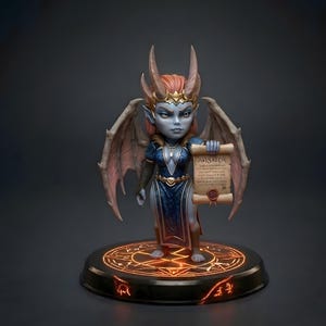 May include: A fantasy figurine of a blue-skinned character with horns, wings, and a crown, holding a scroll. The figure wears a dark blue dress and stands on a circular base with an illuminated orange design. The scroll reads "AFISATOR".