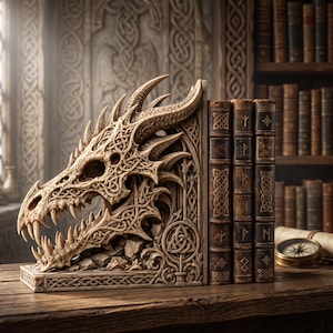 May include: A beige dragon head bookend featuring intricate Celtic knotwork patterns, supporting three dark brown leather-bound books with gold-colored runic symbols on their spines, resting on a wooden surface next to a brass compass.