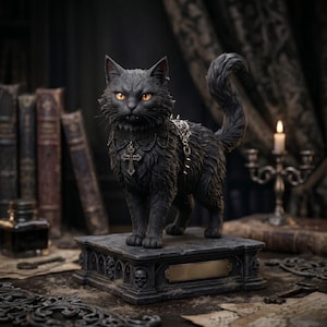 May include: A black cat figurine with piercing orange eyes, adorned with a spiked collar and a cross pendant. The cat stands on a decorative pedestal with skull accents. The gothic-themed statue is a detailed, dark art piece.