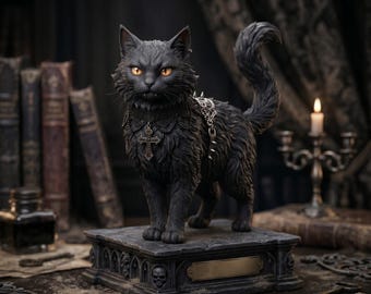 May include: A black cat figurine with piercing orange eyes, adorned with a spiked collar and a cross pendant. The cat stands on a decorative pedestal with skull accents. The gothic-themed statue is a detailed, dark art piece.