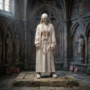 May include: A statue of a person in a long, cream-colored robe and head covering, adorned with multiple strands of chain. The statue stands on a stone platform in a gothic-style room with arched doorways and statues.