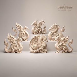 May include: A collection of intricately sculpted, cream-colored dragon figurines. Each dragon features detailed wings, scales, and curled tails, with varying poses. The background is a soft, neutral tone, highlighting the fantasy theme. Text in the upper right corner reads "VOID OISION" and "SEE WHAT ISN'T THERE".