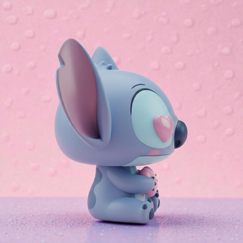 May include: A blue figurine of the character Stitch from Lilo & Stitch, holding a pink heart. The figurine has large ears, a pink nose, and a light blue body with darker blue spots. The background is a gradient of pink and purple.