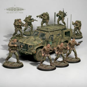 May include: A set of miniature painted figures featuring soldiers in camouflage gear and brown shirts, some holding rifles, a mortar, or a pistol, positioned around a camouflaged military vehicle. The text VOID VISION SEE WHAT ISN'T THERE is visible.
