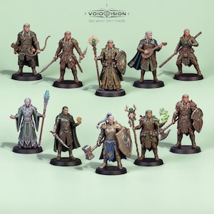 May include: A collection of ten detailed fantasy elf miniature figurines, each standing on a circular black base. The figures are dressed in intricate armor and robes, holding various weapons like bows, swords, shields, staves, and a lute.