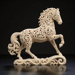 May include: Ivory-coloured horse sculpture with detailed openwork patterns. The horse is depicted mid-stride, with a flowing mane and tail. The base has a decorative scroll design. A decorative piece for home decor.