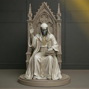 May include: A statue of a robed figure seated on a gothic-style throne, raising a hand in a gesture of blessing. The figure wears a head covering and holds a book. The statue is primarily white with gold accents.