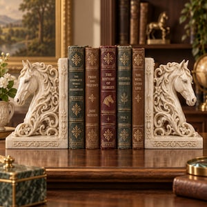 May include: A pair of cream-colored horse head bookends with intricate scrollwork and floral details, flanking five hardcover books titled The Complete Works of Shakespeare, Pride and Prejudice, The History of Horses, Natural History, and The Well Lived Life.