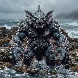 Puede incluir: Una gran figura de monstruo marino azul oscuro y musculoso con dientes afilados, orejas puntiagudas y un cuerpo cubierto de percebes y conchas. La criatura está de pie en aguas poco profundas junto a un pequeño barco pesquero desgastado.