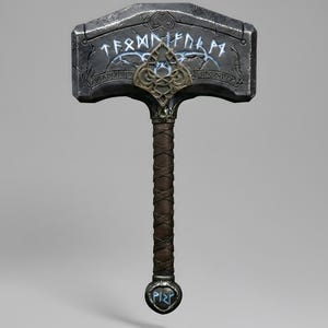 May include: A detailed image of Thor's hammer, Mjolnir. The hammer features a gray, textured head with engraved runes and a decorative emblem. The handle is wrapped in brown leather, and the base has a circular emblem with runes. The overall design is metallic and detailed.