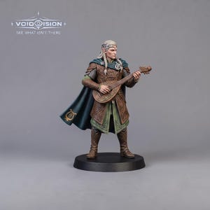 May include: A painted miniature figurine of an elf bard with long white hair, wearing brown leather armour, a green tunic, and a dark teal cloak. The figure holds a wooden lute and stands on a black circular base. Text reads VOIDISION SEE WHAT ISN'T THERE.