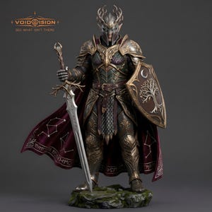 May include: A detailed figurine of an armored elf warrior wearing an ornate helmet with antlers, holding a long sword and a shield featuring a tree and crescent moon. The warrior wears a dark purple cape with white constellation patterns and text.