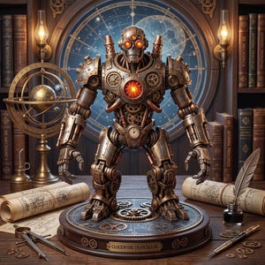 Puede incluir: Una figura de robot mecánico en tonos bronce sobre una base circular con el texto Clockwork Chancellor. El robot presenta ojos de color naranja brillante, una luz central en el pecho, engranajes detallados y un pequeño reloj.