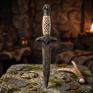 May include: A dagger with a raven-shaped pommel, a cream-colored handle featuring intricate Celtic knotwork, and a dark metal crossguard. The blade displays etched runic symbols. Nearby are several metallic coins, a ring, and an antler fragment.
