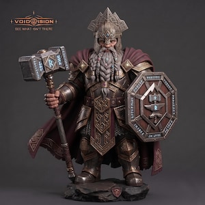 May include: A detailed figurine of a bearded dwarf warrior wearing ornate bronze-colored armor and a dark red cape. The figure holds a large hammer with glowing blue runes in one hand and an octagonal wooden shield with an anvil emblem in the other.