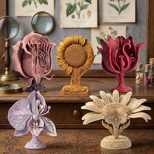 Pode incluir: Uma coleção de cinco ornamentos florais esculpidos e detalhados em suportes, incluindo uma rosa rosa, um girassol amarelo, uma tulipa vermelho-escura, uma orquídea roxa clara e uma margarida creme com texturas botânicas complexas.