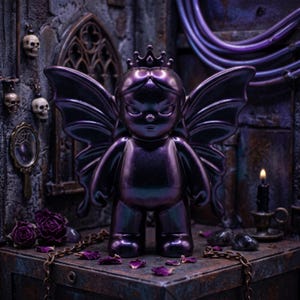May include: A metallic purple fairy figurine with a crown and large wings. The figure has a smooth, glossy finish and a stoic expression. It stands upright with a rounded body, pointed ears, and detailed wing structures, reflecting a deep violet hue.
