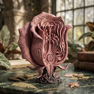 May include: A dusty rose-colored botanical sculpture of a cross-sectioned flower featuring intricate swirling patterns on the petals, a central stamen, and a visible ovary, mounted on a dark, ornate base with a brass caliper tool nearby.