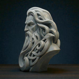 May include: A gray monochromatic bust sculpture depicting a bearded figure with long flowing hair and a bird perched on the shoulder. The design features intricate, stylized, swirling patterns and geometric knotwork integrated into the hair and beard.