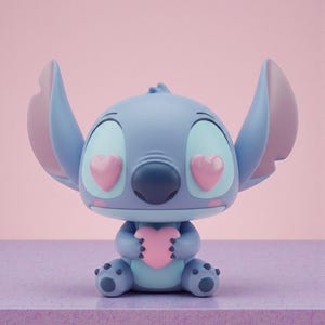 May include: A blue figurine of the character Stitch from Lilo & Stitch, holding a pink heart. The figurine has large ears, heart-shaped eyes, and is sitting down. The background is a soft pink.