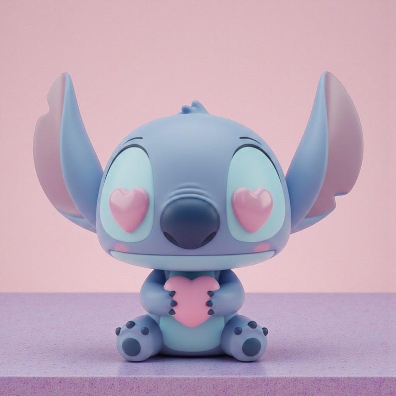 May include: A blue figurine of the character Stitch from Lilo & Stitch, holding a pink heart. The figurine has large ears, heart-shaped eyes, and is sitting down. The background is a soft pink.