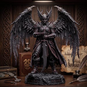 Peut inclure: Une figurine sombre représentant un guerrier ailé portant un casque orné d'ailes et une armure détaillée. Le personnage tient une grande épée à deux mains, debout sur un socle en pierre avec une gravure de corbeau et des inscriptions runiques.