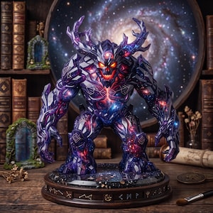 May include: A dark purple and blue cosmic-themed monster figurine with glowing red eyes and jagged, crystal-like limbs. The creature stands on a circular wooden base decorated with gold celestial symbols and runes, featuring a galaxy-patterned surface.