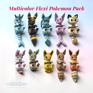 Könnte beinhalten: Eine Sammlung von zehn beweglichen Pokemon-Figuren, die in zwei Reihen angeordnet sind. Der Text 'Multicolor Flexi Pokemon Pack' steht oben und das Logo 'VOIDISION SEE WHAT ISN'T THERE' unten. Jede Figur hat ein eigenes Farbschema.
