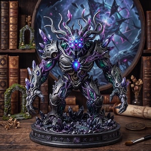 May include: A detailed figurine of a dark, armoured creature with multiple glowing blue eyes, branching antlers, and purple crystal protrusions. The figure stands on a circular base featuring engraved symbols and is surrounded by jagged purple crystals.