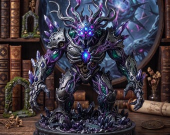 May include: A detailed figurine of a dark, armoured creature with multiple glowing blue eyes, branching antlers, and purple crystal protrusions. The figure stands on a circular base featuring engraved symbols and is surrounded by jagged purple crystals.